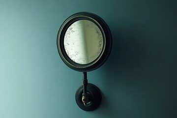 A vintage-style, round wall-mounted mirror with a dark frame and a slightly aged, speckled reflection
