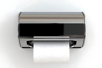 Sleek, metallic countertop dispenser with a roll of white paper dispensing from the bottom