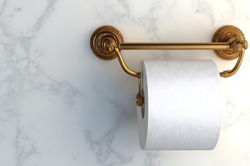 Gold toilet paper holder against a marble wall, with full roll