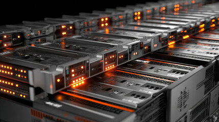 Obraz premium row of blade servers with one drive bay pulled out status LEDs blinking amber selective color illustration concept scene visual for commercial design use high detail quality stock image illustration
