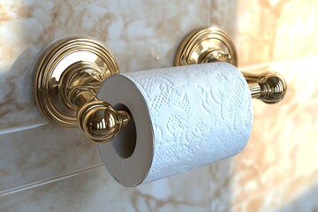 Golden toilet paper holder with a fresh roll, attached to a marble wall, close-up