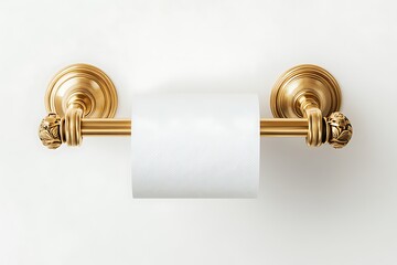 Gold toilet paper holder with ornate detailing, holding a roll of white toilet paper against a white background