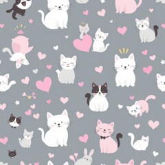 Seamless cute cat and bunny pattern with hearts and stars in soft pastel colors for children?s designs, textiles, wallpapers, and fabric prints