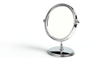 Chrome-plated circular tabletop mirror with a stand, reflecting nothing