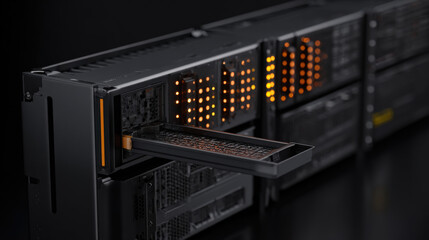 row of blade servers with one drive bay pulled out status LEDs blinking amber selective color illustration concept scene visual for commercial design use high detail quality stock image illustration