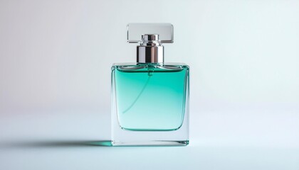 Luxury rectangular glass perfume bottle mockup with shiny silver cap and teal gradient, elegant branding concept for cosmetics and fragrance design