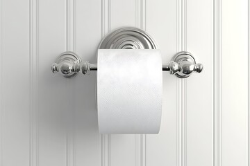 Chrome toilet paper holder with a white roll against a vertical-paneled wall