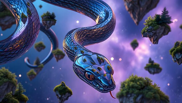 Surreal Metallic Snake Soaring Above Floating Islands; Dreamlike, Mystical, Fantasy Art - Powered by Adobe