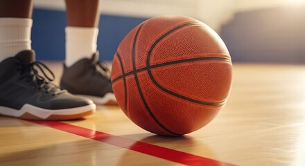Naklejka premium Close-up shot of a basketball on a court, with player's feet in view.