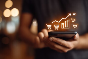 Person using smartphone with digital overlay of shopping carts and an upward trending graph indicating sales