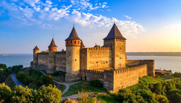 Medieval castle overlooking a river at sunset - Powered by Adobe