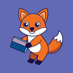 Playful cartoon fox character enthusiastically swiping a large credit card with a happy expression