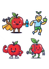 Cute Apple Fitness Mascot Logo Set