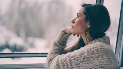 Winter depression, seasonal affective disorder mental health woman sad comtemplative looking out the window alone