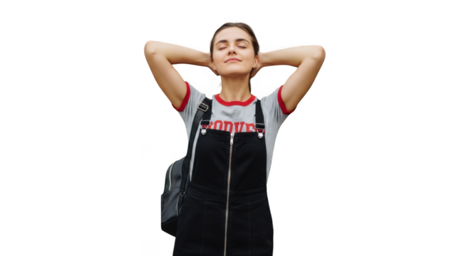 A young woman with her eyes closed and hands behind her head, enjoying a moment of relaxation, isolated on transparent background