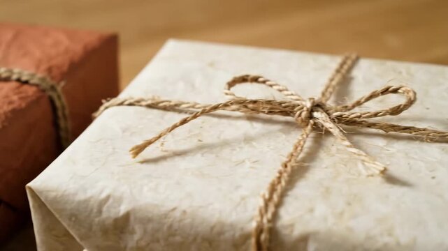 Earthy Tone Gift Wrap with Twine - Close-up of two gifts wrapped in textured paper in earthy tones, tied with twine.