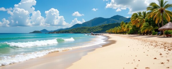 Vibrant tropical beach scene with clear blue water palm trees sandy shore mountains and bright sky perfect for travel relaxation and vacation concepts