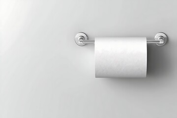 Obraz premium A roll of white toilet paper on a chrome holder against a plain white wall
