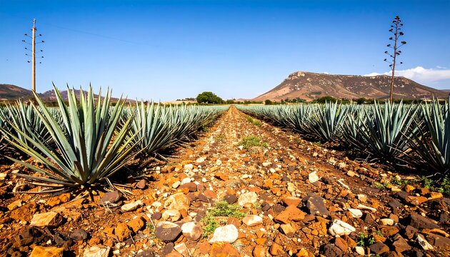 A vast agave farm stretches to a distant mountain under a vibrant blue sky