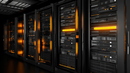 row of blade servers with one drive bay pulled out status LEDs blinking amber selective color illustration concept scene visual for commercial design use high detail quality stock image illustration