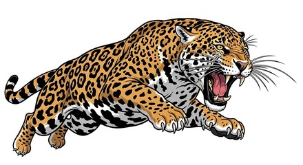 Fototapeta premium Ferocious jaguar leaps forward, mouth agape, teeth bared, ready to strike