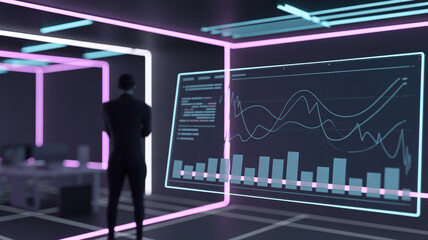 Man in suit looking at digital screen with data analysis in futuristic room with neon lights
