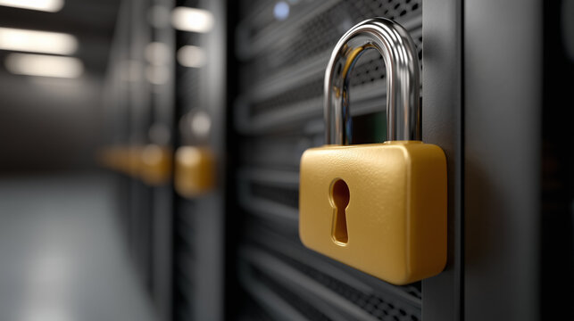 Close-Up View of Yellow Padlock Securing Server Equipment Shown in Data Center with Rows of Black Server Racks in Background