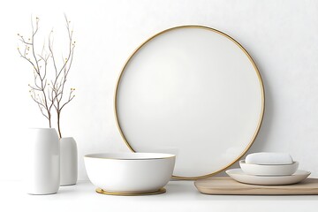 Elegant minimalist display white ceramics, wood, and branch arrangement