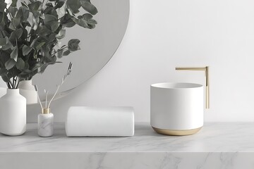 Modern bathroom decor, white and gold accents, minimalist, marble countertop