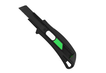 Black utility knife with green and white accents isolated on transparent background