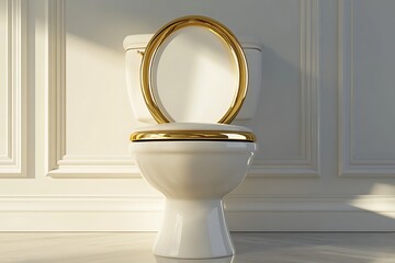 Elegant toilet with gold accents, bathed in sunlight. Luxurious bathroom interior