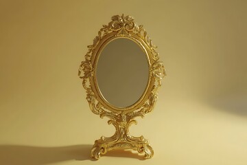 Ornate golden framed vanity mirror on yellow backdrop, casting a shadow