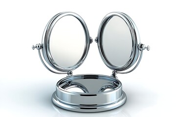 Open, silver vanity mirror reflects light. Two round panes reveal a pristine surface. Stand on a white background