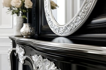 Elegant black & silver fireplace with oval mirror, flowers in vase