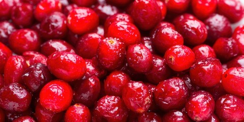 A close-up of a pile of ripe, red cranberries, ready to eat.