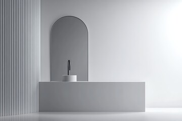 Modern minimalist bathroom with gray arched mirror, sink, and ribbed wall