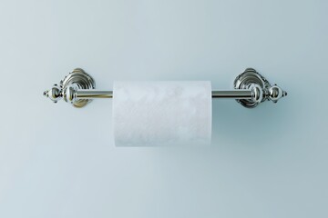 Close-up of white toilet paper roll on a chrome holder, mounted on a light blue wall