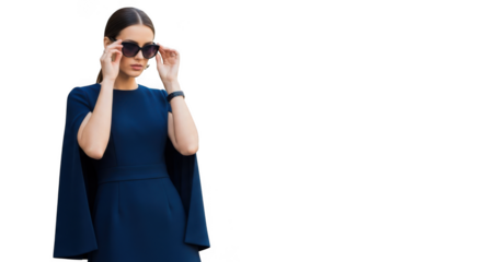 A stylish woman in a dark blue cape dress and sunglasses adjusts her eyewear while looking down isolated on transparent background