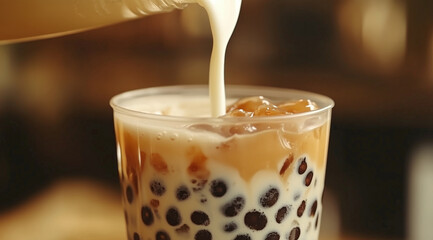 Pouring creamy milk into refreshing cup of boba tea creates delightful and satisfying experience