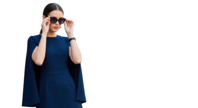 A stylish woman in a dark blue cape dress and sunglasses adjusts her eyewear while looking down isolated on transparent background
