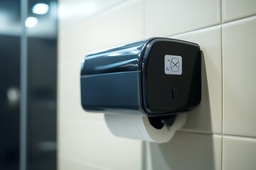 Sleek, black wall-mounted toilet paper dispenser with a modern design