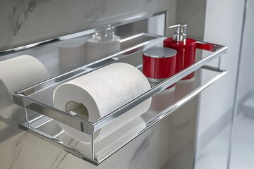 Chrome shelf with rolls, red dispenser, and supplies in a bathroom