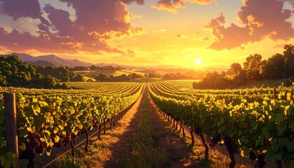 Naklejka premium Beautiful vineyard landscape at sunset, wine production, agriculture and tourism concept