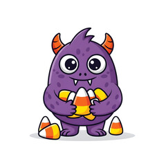 Adorable purple monster joyfully clutching sweet candy corn treats ready for Halloween fun and trick-or-treating adventures