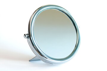 Circular chrome-framed hand mirror with stand, perfect for makeup application or travel