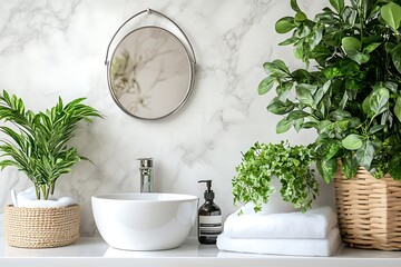 Lush greenery complements a minimalist bathroom sink and vanity, creating a serene spa-like atmosphere