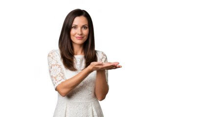 A smiling woman in a white lace dress presents something with her open hands, isolated on a transparent background