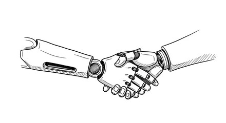 Hand Drawn Robot and Human Handshake, Concept of Future Technology