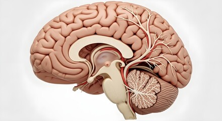 Detailed anatomical illustration of a human brain, showcasing its intricate structure and vascular system.