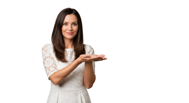 A smiling woman in a white lace dress presents something with her open hands, isolated on a transparent background